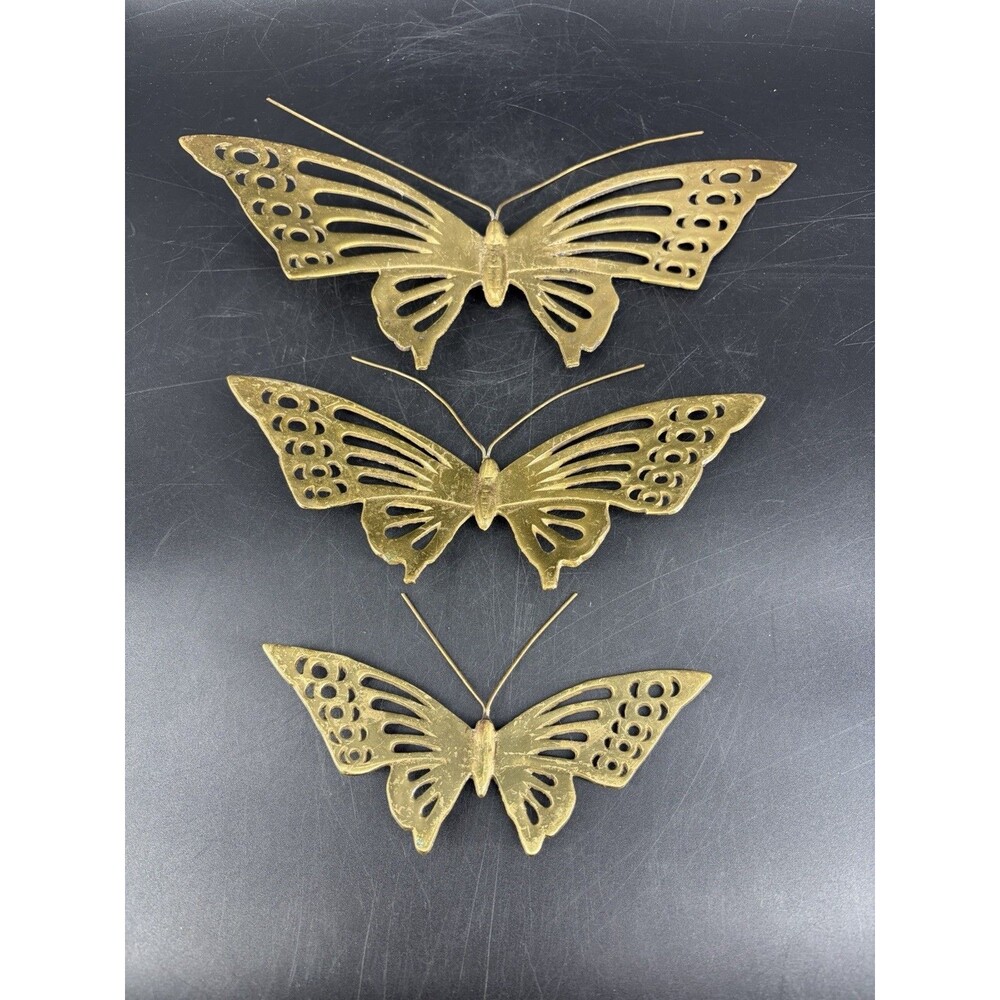 Vintage Solid Brass Butterfly Wall Hanging Art Decor Set Of 3 MCM